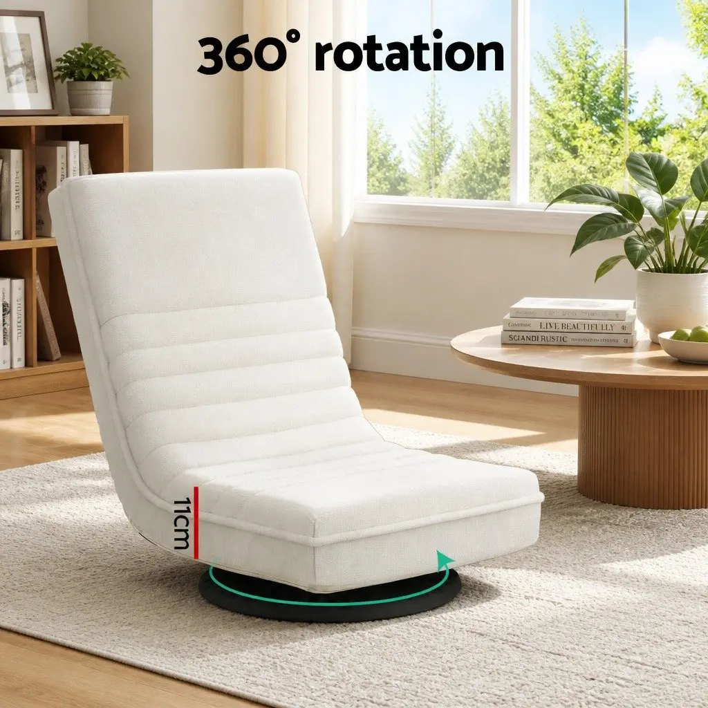 Swivel Floor Lounge Chair White 360-Degree Rotatable Foldable Foam Cushion Pine TV Entertainment Unit Storage Shelf Set
