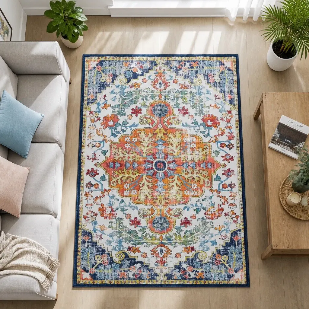 Floor Rug Beige 120X170cm Large Washable Geometric Area Rug Anti-Slip Backing