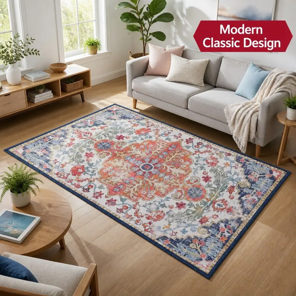 Floor Rug Beige 120X170cm Large Washable Geometric Area Rug Anti-Slip Backing