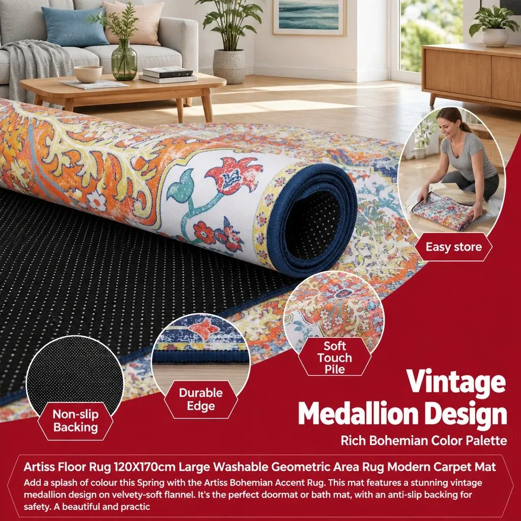 Floor Rug Beige 120X170cm Large Washable Geometric Area Rug Anti-Slip Backing