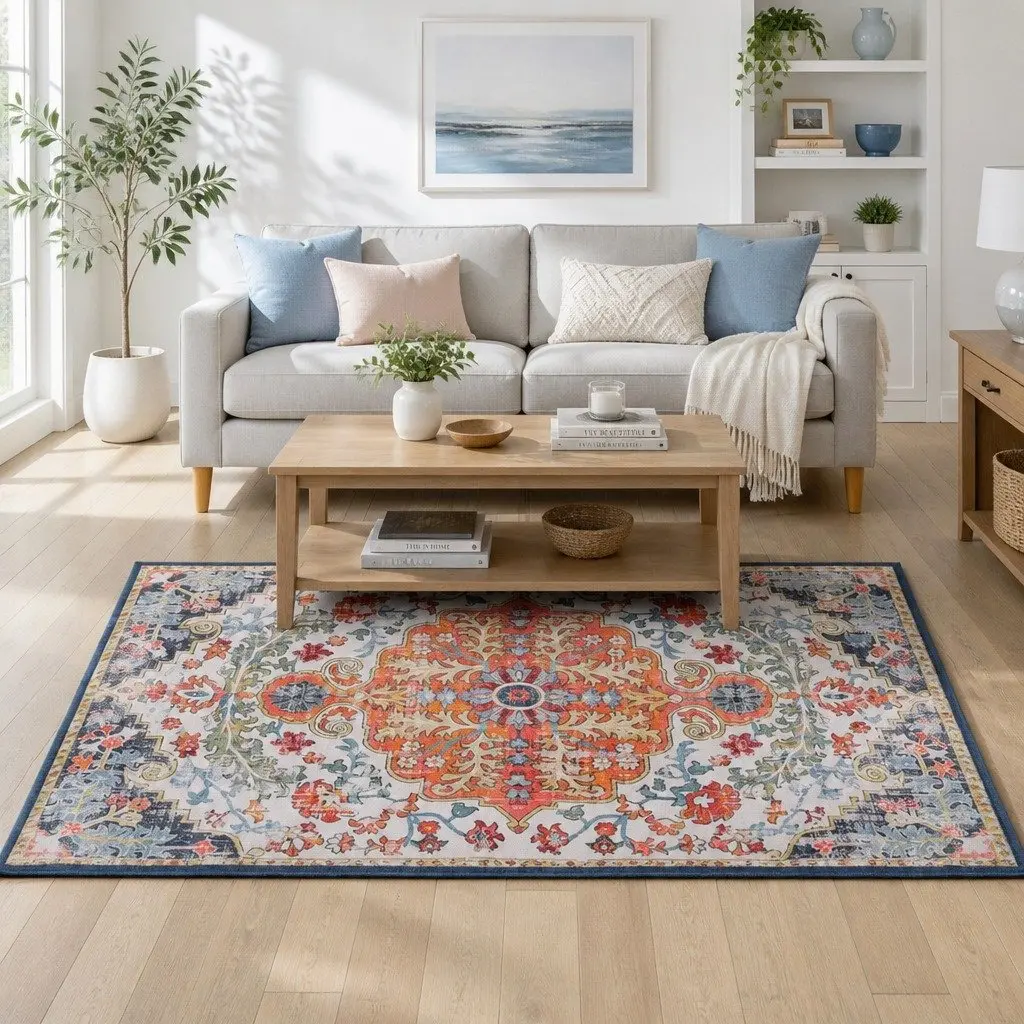Floor Rug Beige 120X170cm Large Washable Geometric Area Rug Anti-Slip Backing