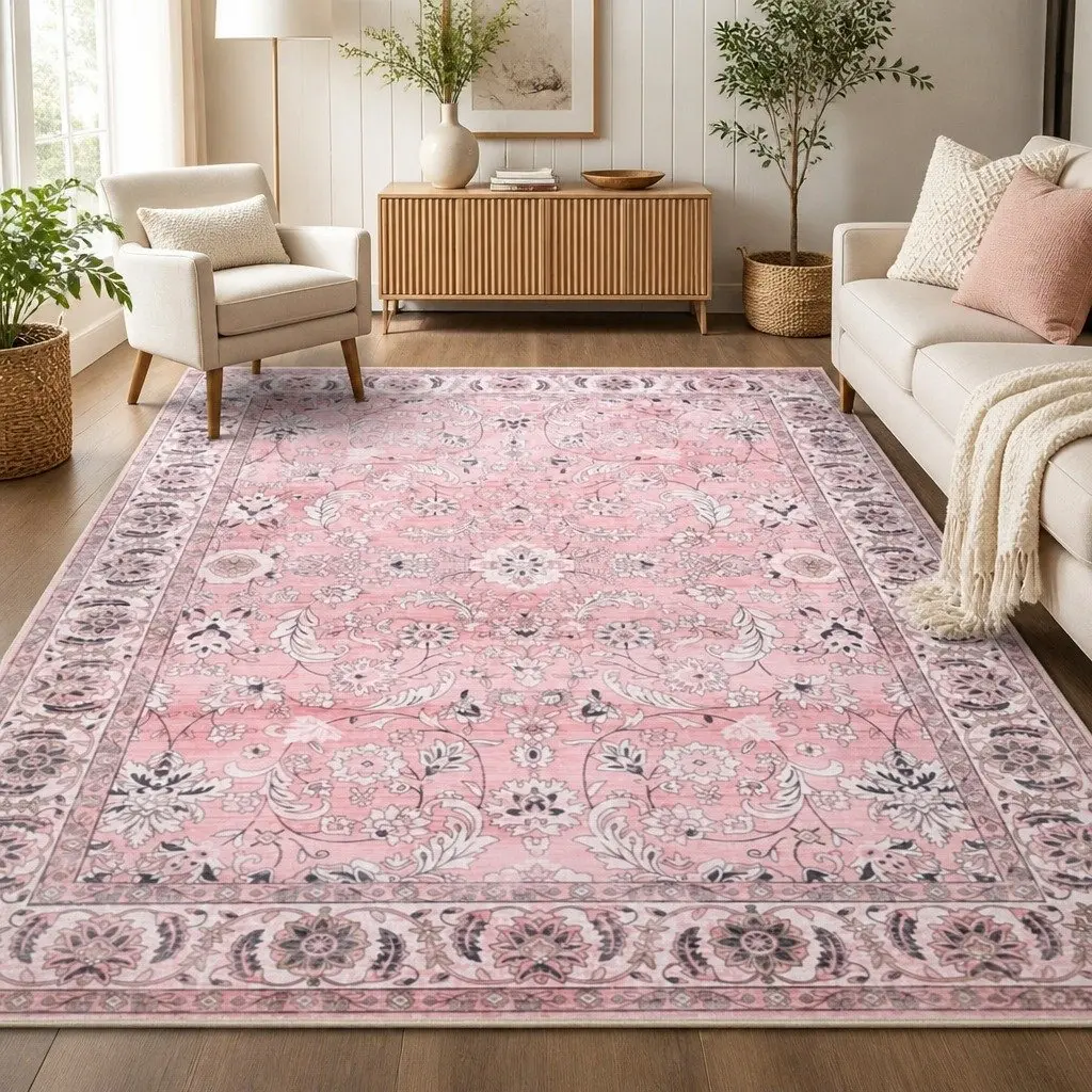 Floor Rug 200x290cm Large Washable Area Rug Vintage Floral Pink Living Room