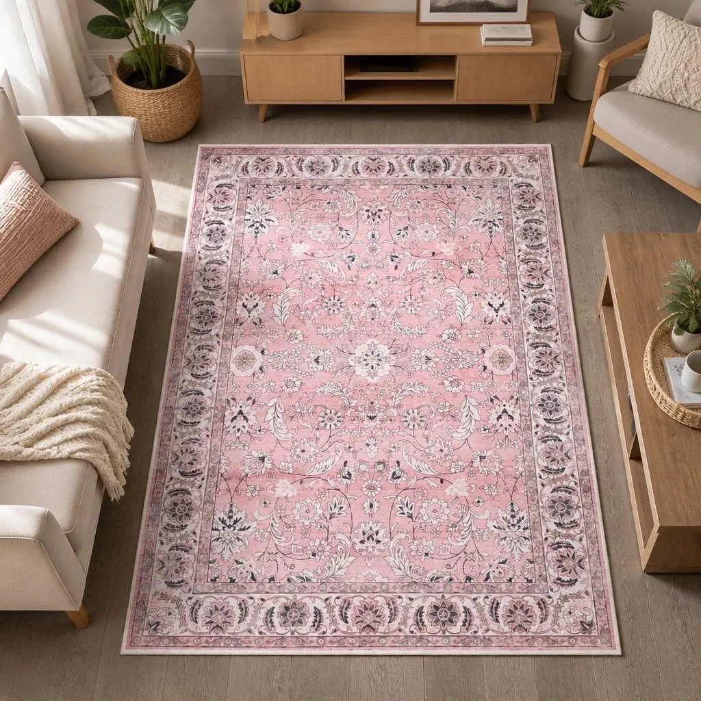 Floor Rug 200x290cm Large Washable Area Rug Vintage Floral Pink Living Room