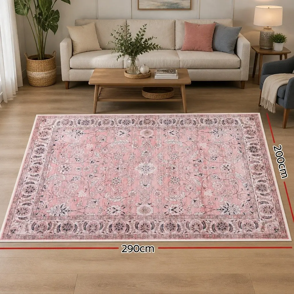 Floor Rug 200x290cm Large Washable Area Rug Vintage Floral Pink Living Room
