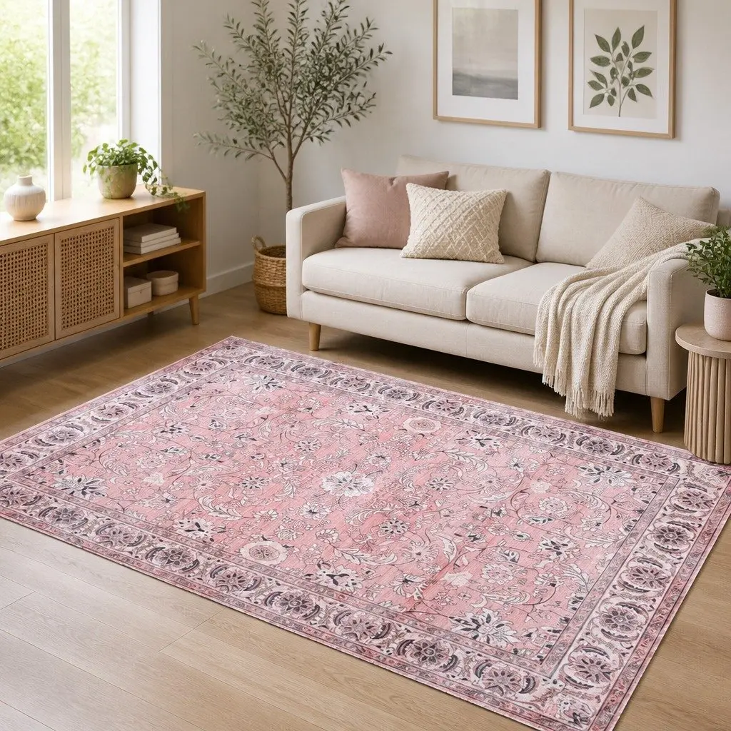 Floor Rug 200x290cm Large Washable Area Rug Vintage Floral Pink Living Room