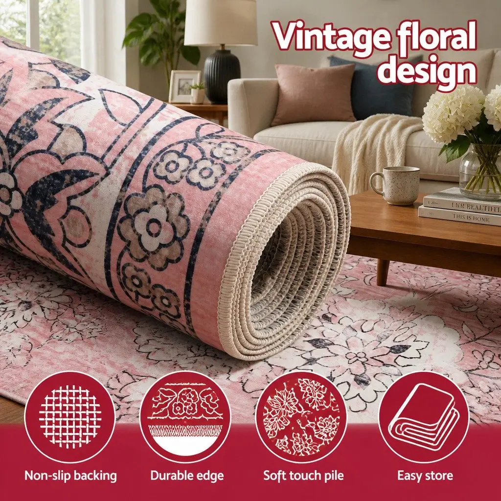 Floor Rug 200x290cm Large Washable Area Rug Vintage Floral Pink Living Room