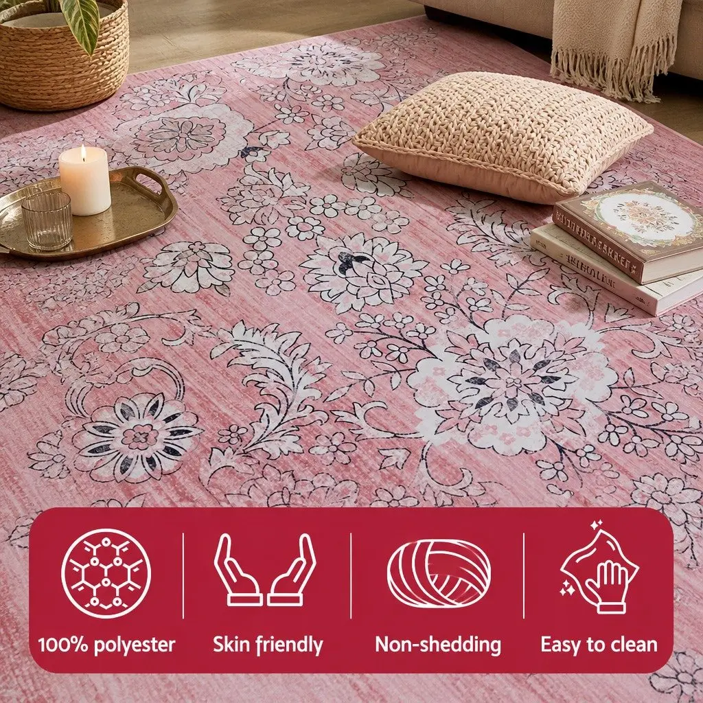 Floor Rug 200x290cm Large Washable Area Rug Vintage Floral Pink Living Room