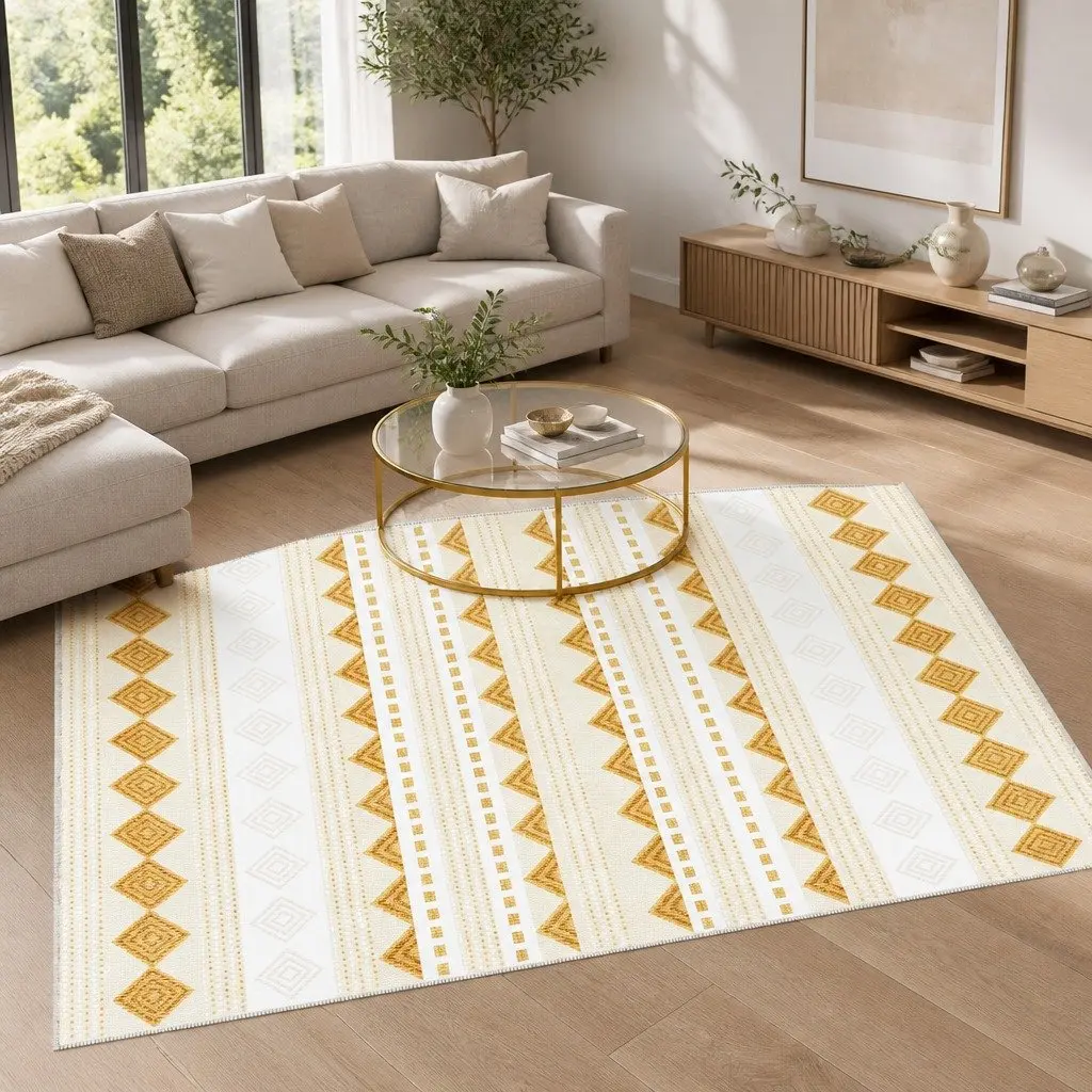Area Rug Yellow and White 160x230cm Washable Soft Pile Bohemian Style