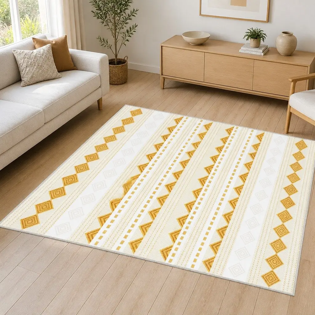Floor Rug Yellow 200x290cm Bohemian Style Washable Soft Carpet