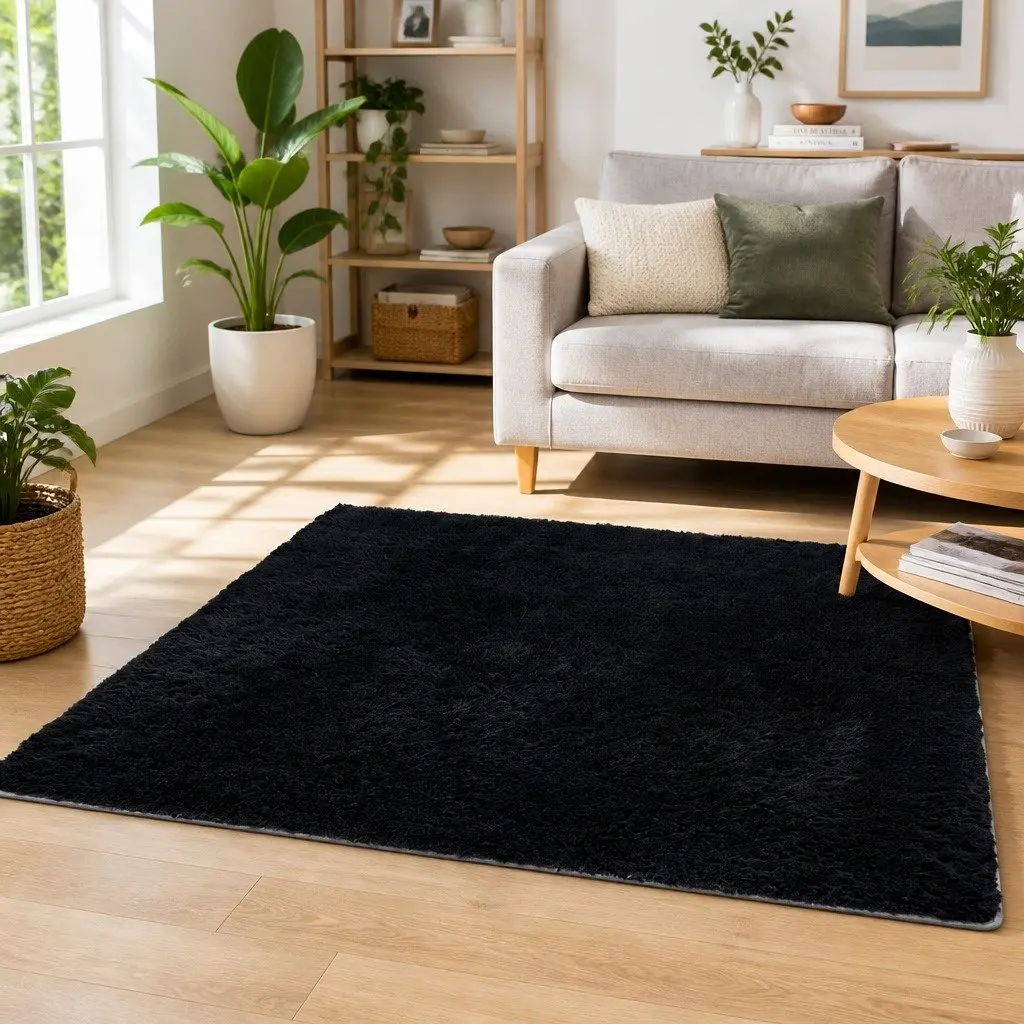Floor Rug Black 140x200cm Plush Shaggy Area Carpet Soft Pile