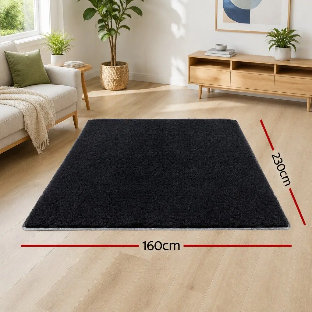 Floor Rug 160x230cm Plush Shaggy Area Carpet Living Room Bedroom Black