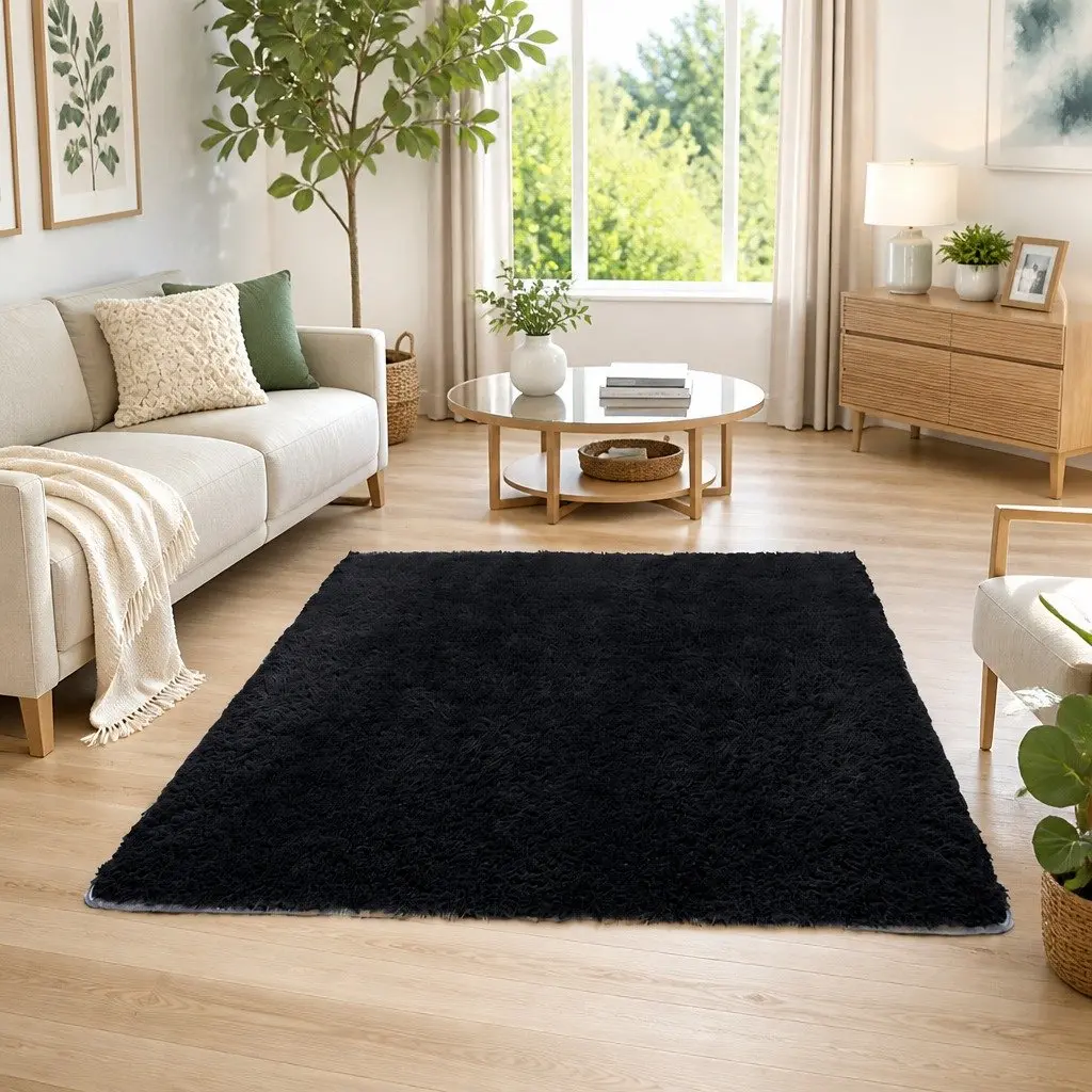 Floor Rug 160x230cm Plush Shaggy Area Carpet Living Room Bedroom Black