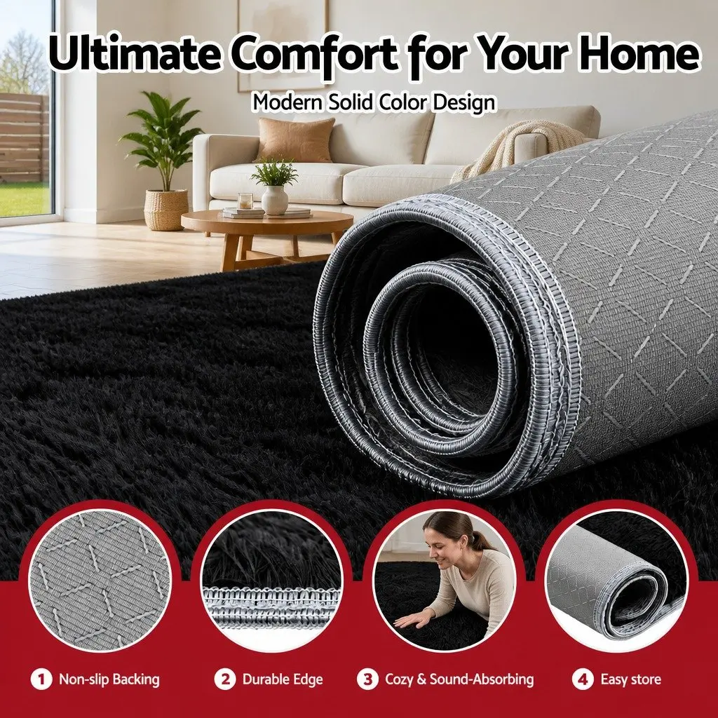 Floor Rug 160x230cm Plush Shaggy Area Carpet Living Room Bedroom Black