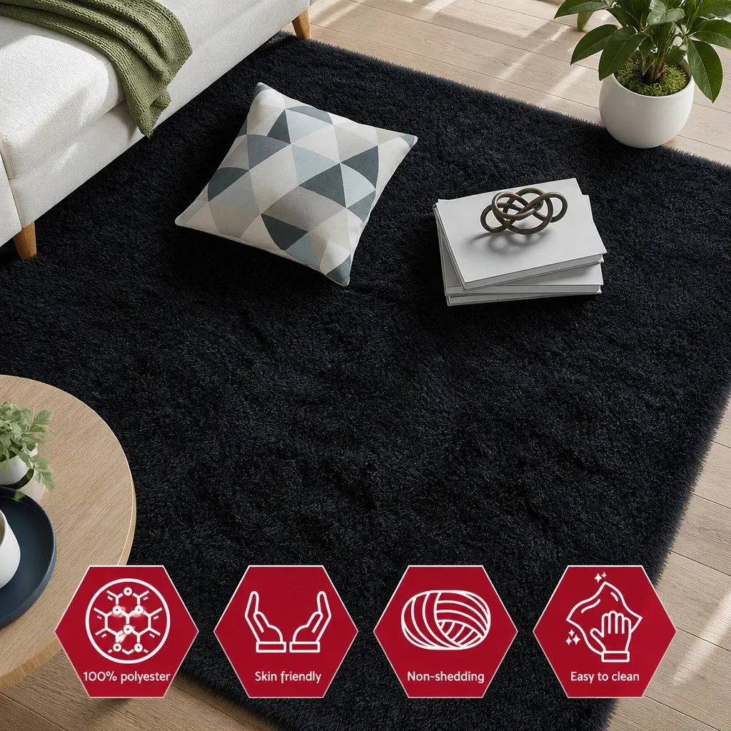 Floor Rug 160x230cm Plush Shaggy Area Carpet Living Room Bedroom Black