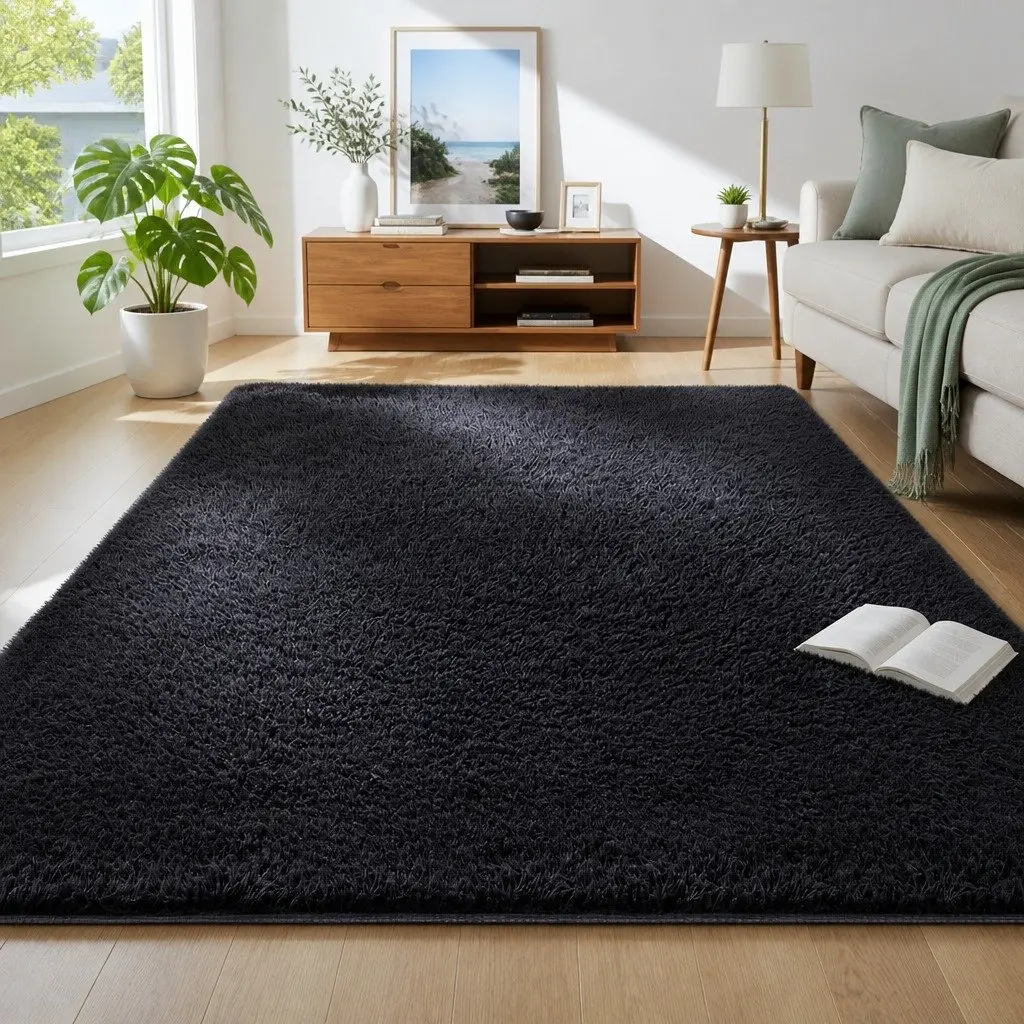 Floor Rug 160x230cm Plush Shaggy Area Carpet Living Room Bedroom Black
