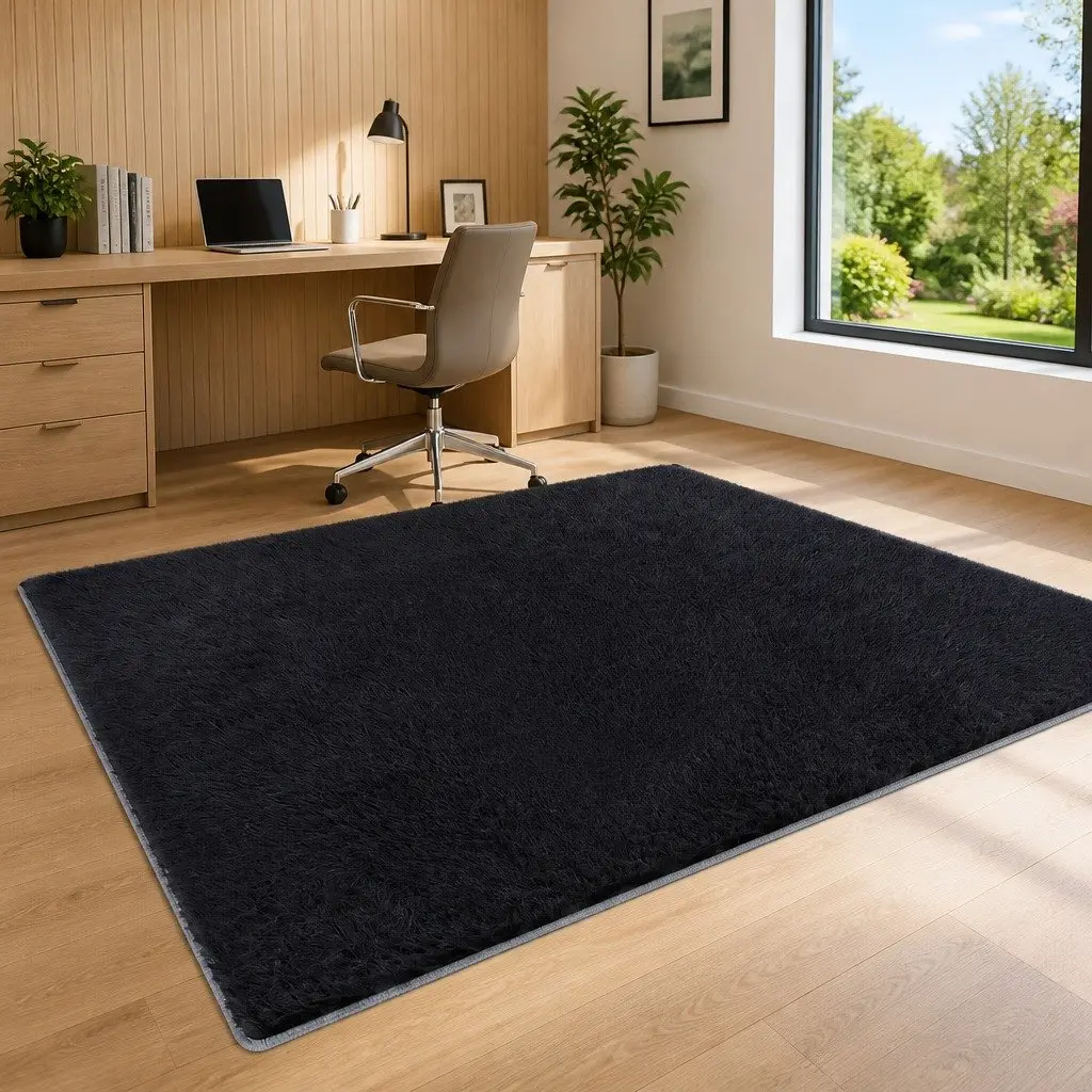 Floor Rug 200x230cm Plush Shaggy Area Carpet Living Room Bedroom Black