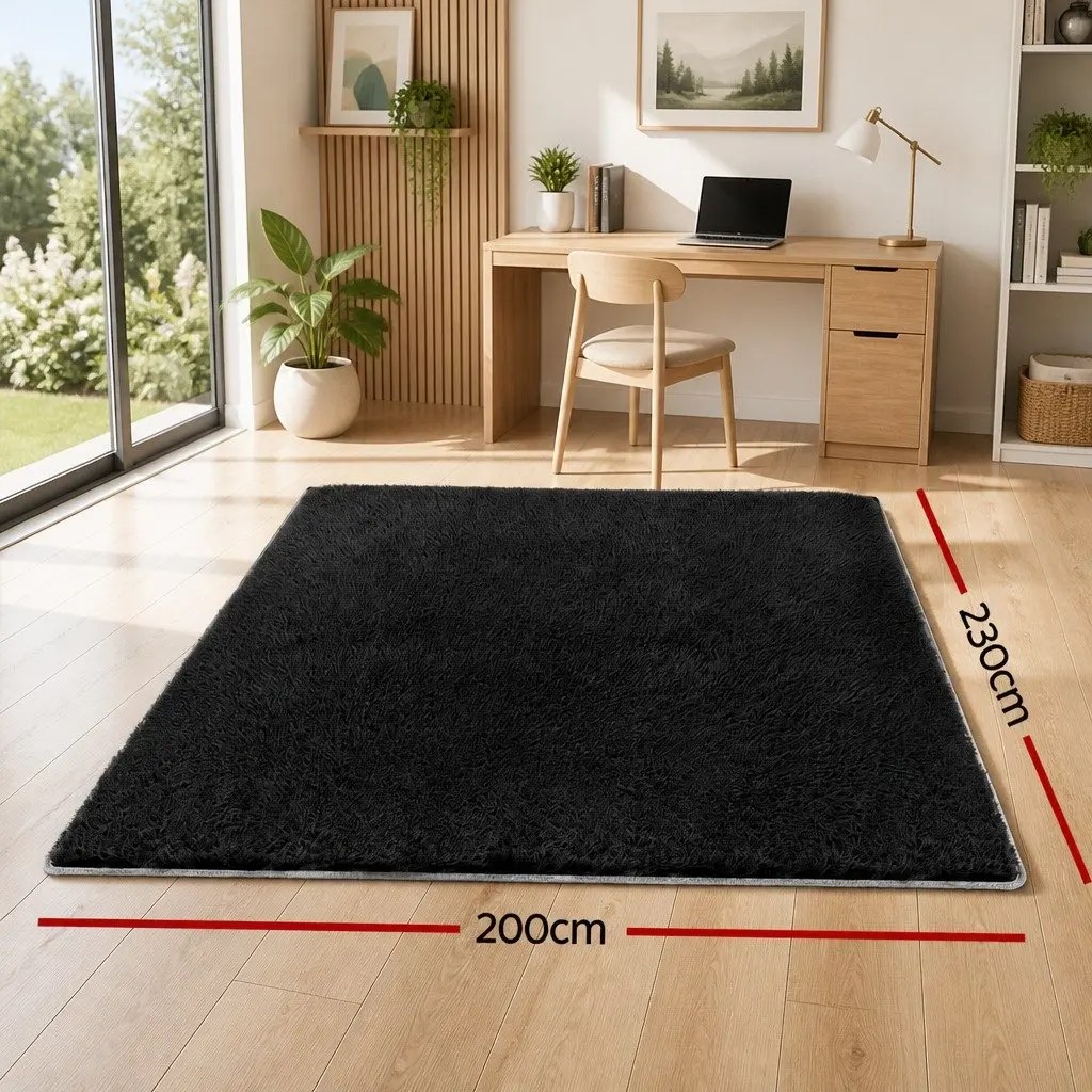 Floor Rug 200x230cm Plush Shaggy Area Carpet Living Room Bedroom Black