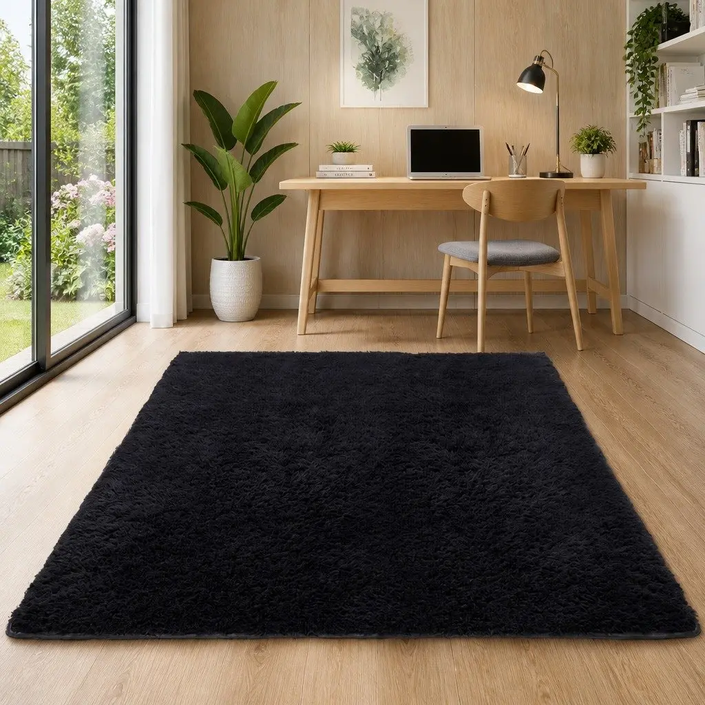 Floor Rug 200x230cm Plush Shaggy Area Carpet Living Room Bedroom Black
