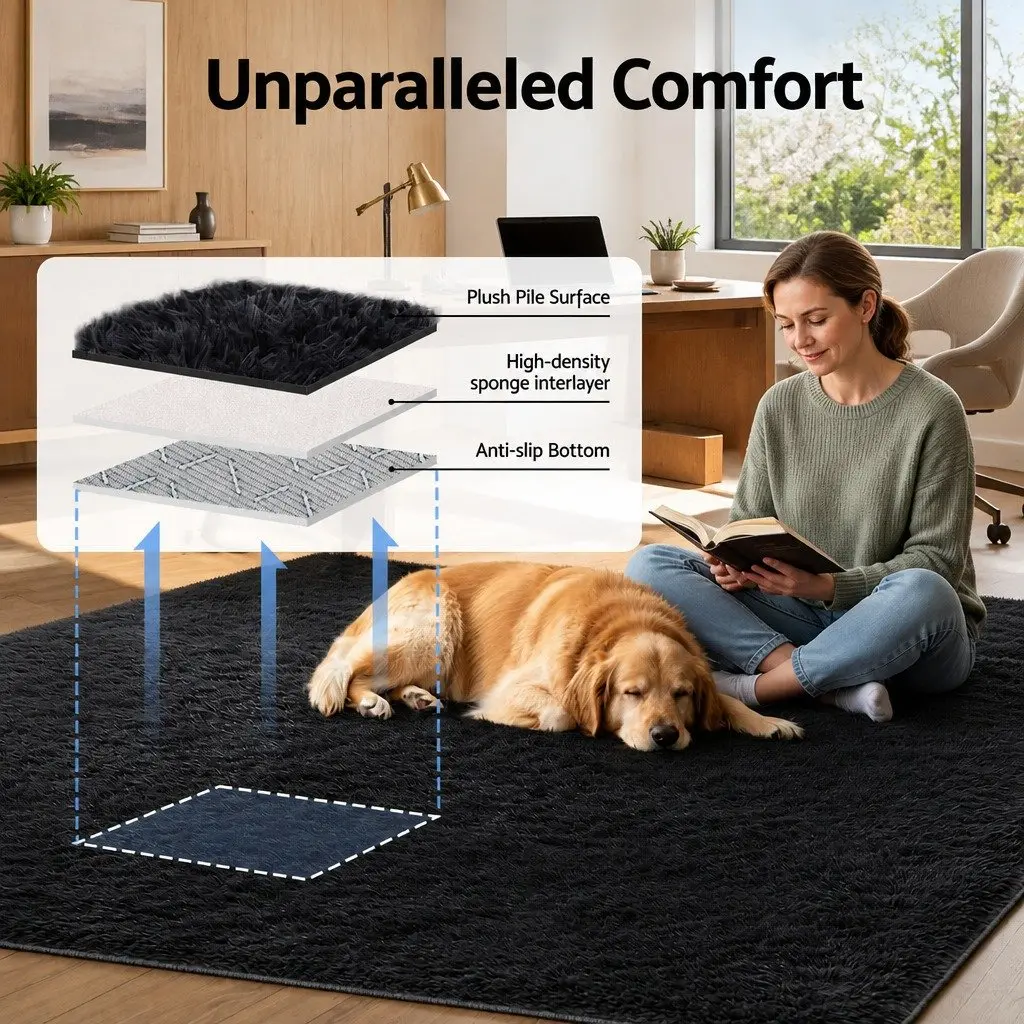 Floor Rug 200x230cm Plush Shaggy Area Carpet Living Room Bedroom Black