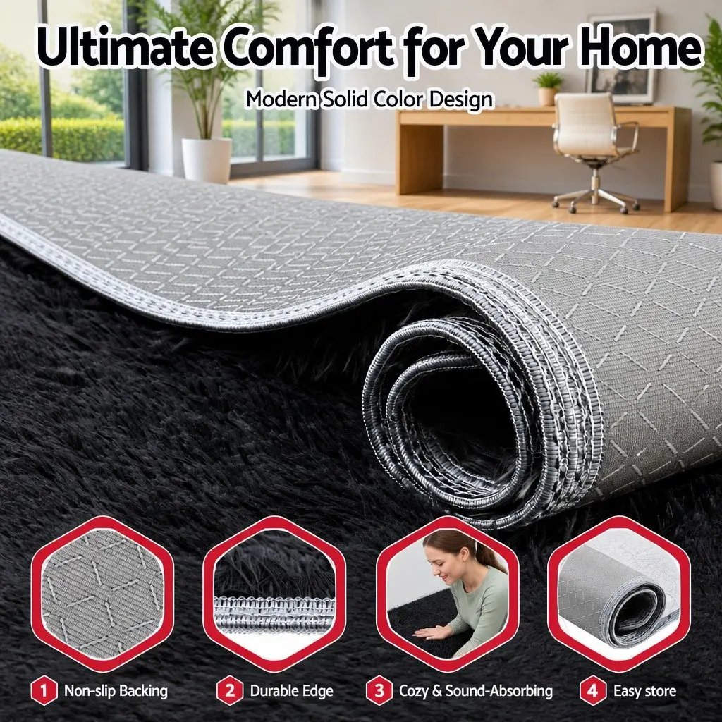 Floor Rug 200x230cm Plush Shaggy Area Carpet Living Room Bedroom Black