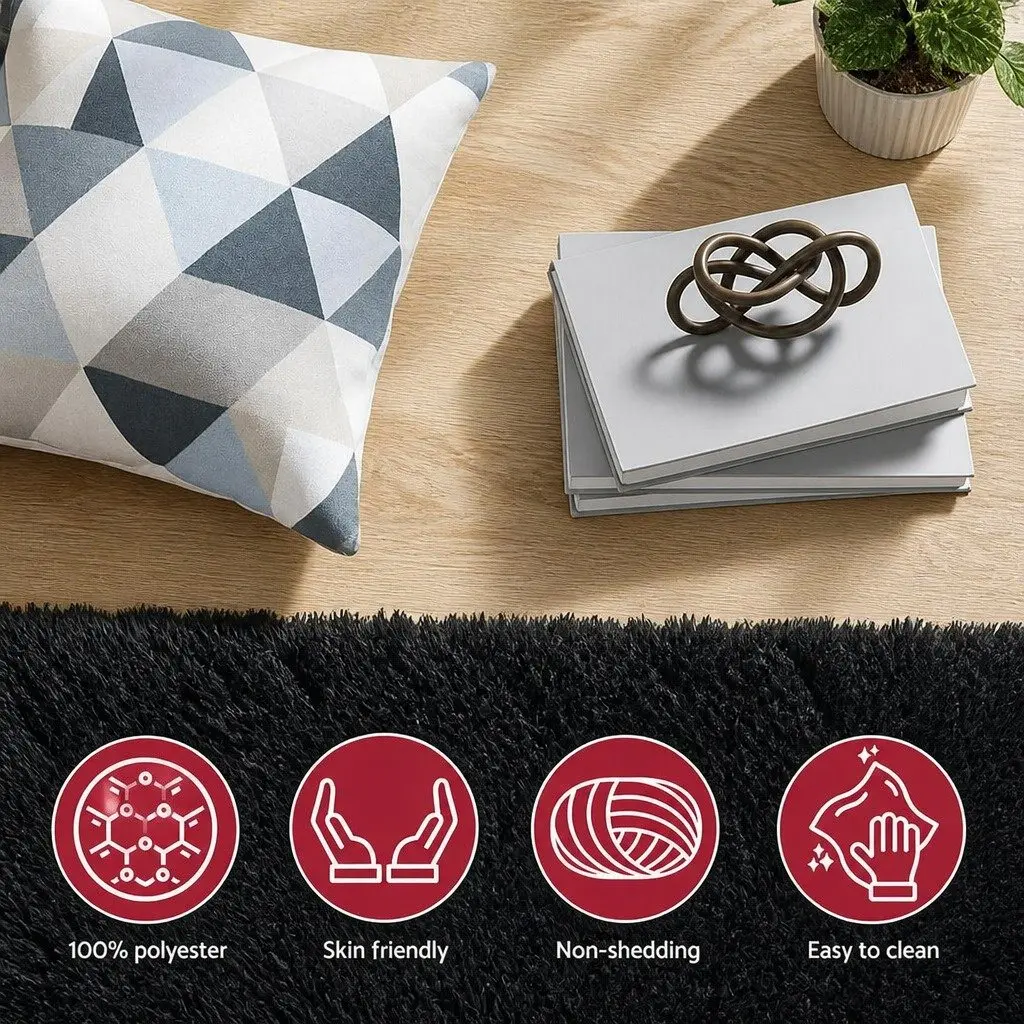 Floor Rug 200x230cm Plush Shaggy Area Carpet Living Room Bedroom Black