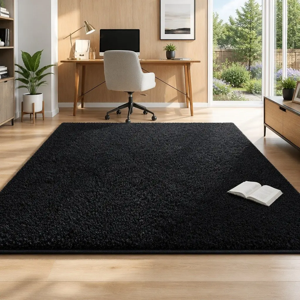 Floor Rug 200x230cm Plush Shaggy Area Carpet Living Room Bedroom Black