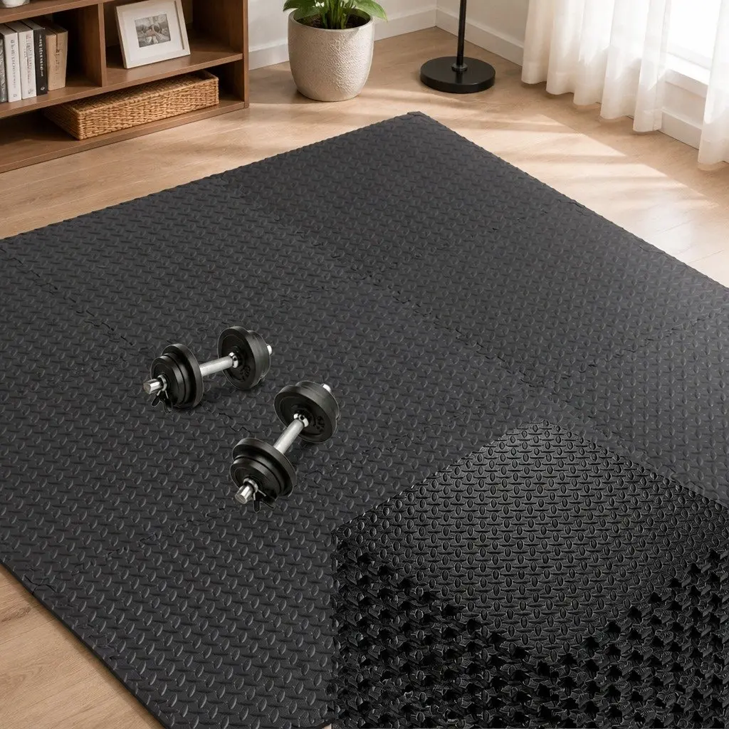 EVA Foam Mat Black 12 Piece Interlocking Tiles Shock-proof Noise Reduction Soft