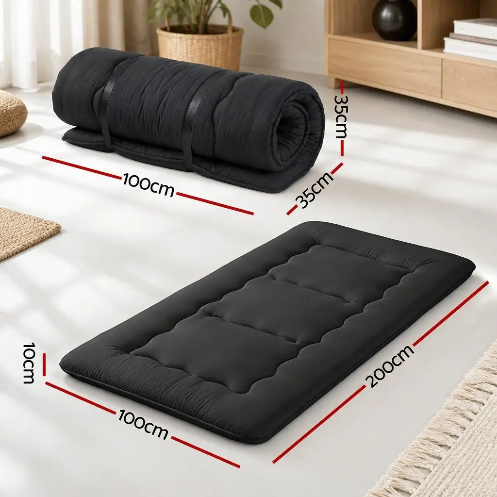 Japanese Floor Mattress Black 100cm x 200cm 10cm Thick Foldable Futon