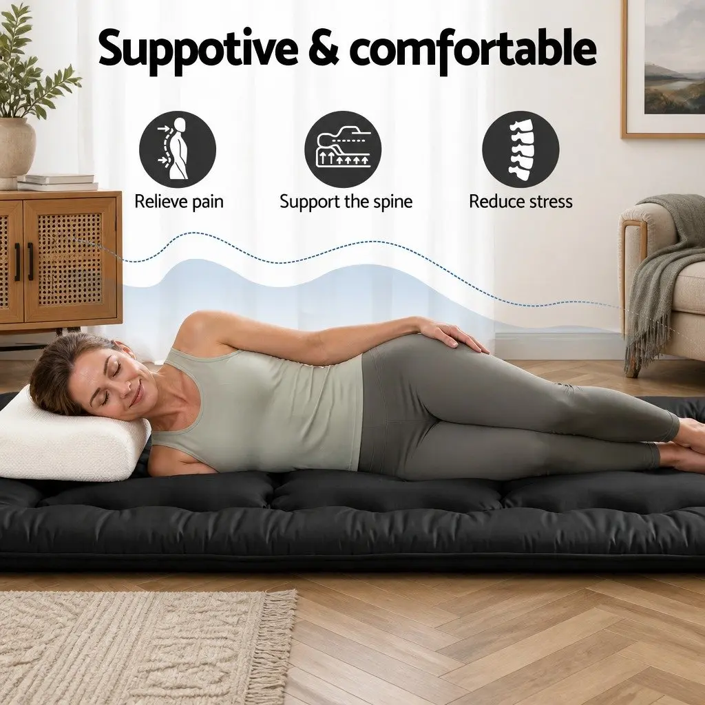Japanese Floor Mattress Black 100cm x 200cm 10cm Thick Foldable Futon