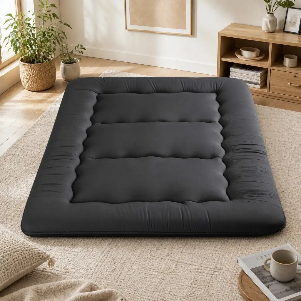 Double Mattress Black 135cm x 200cm 10cm Thick Foldable Futon with Washable Cover