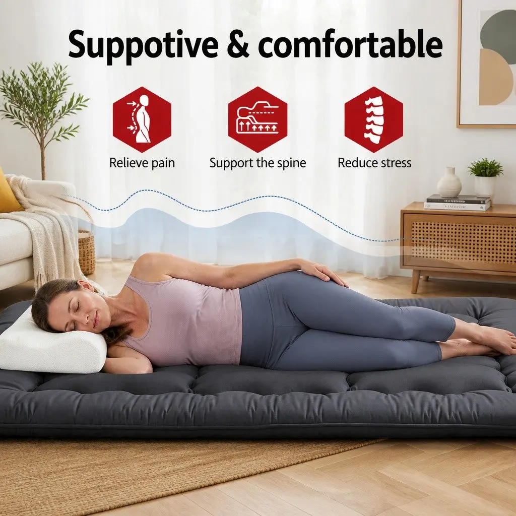 Double Mattress Black 135cm x 200cm 10cm Thick Foldable Futon with Washable Cover