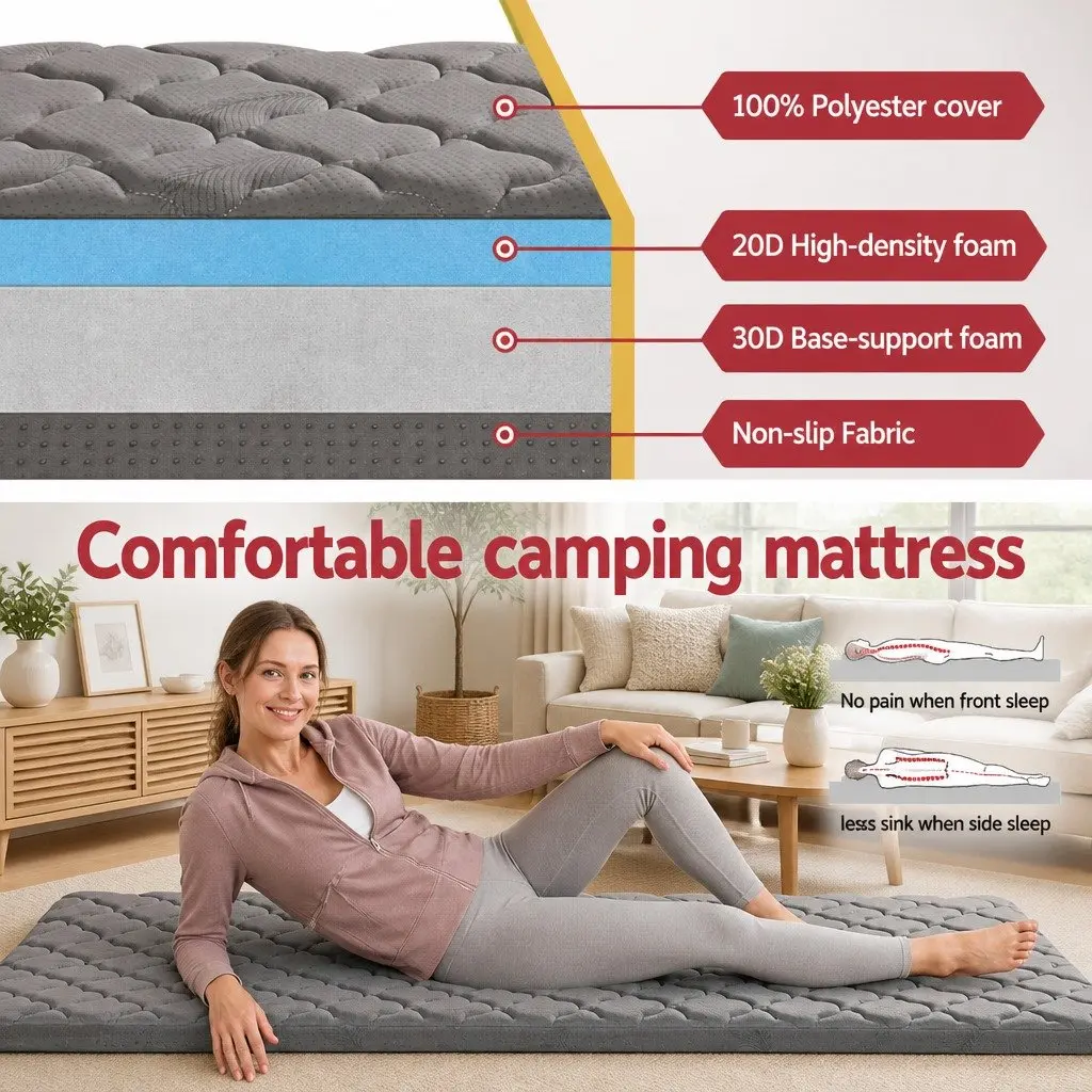 Foldable Camping Mattress Grey Portable Inflatable Mat 190cm x 90cm Breathable Polyester Non-Slip Textured Underside