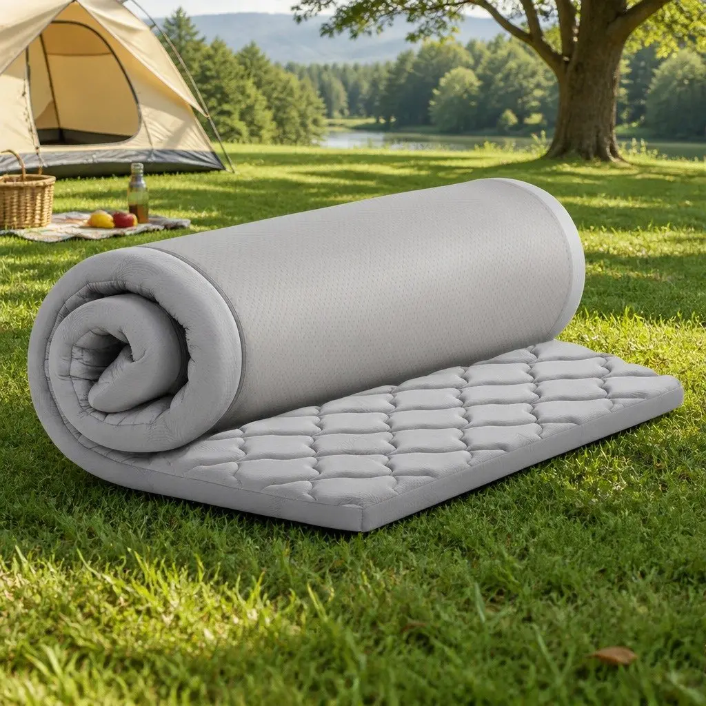 Foldable Camping Mattress Grey Portable Inflatable Mat 190cm x 90cm Breathable Polyester Non-Slip Textured Underside