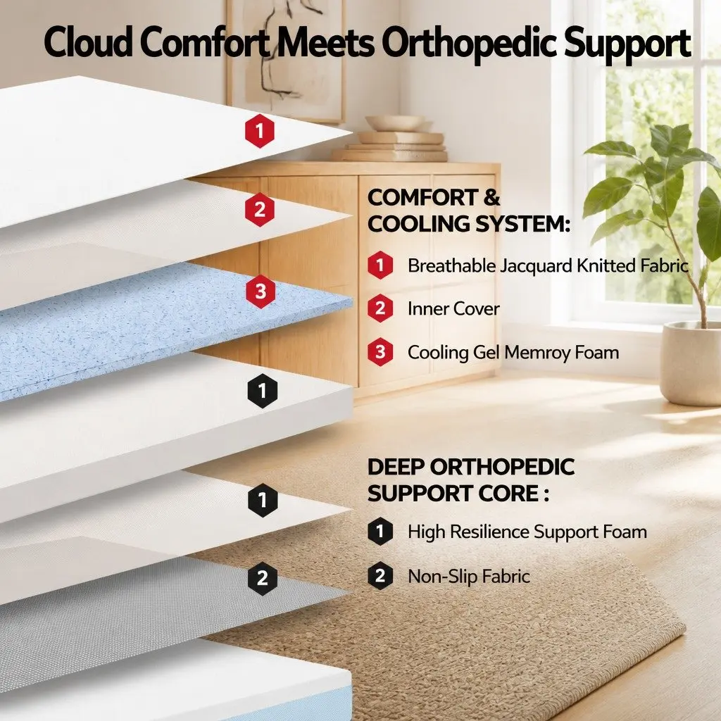 Memory Foam Mattress Queen White and Blue 22cm Cooling Gel Medium Firm Support Topper