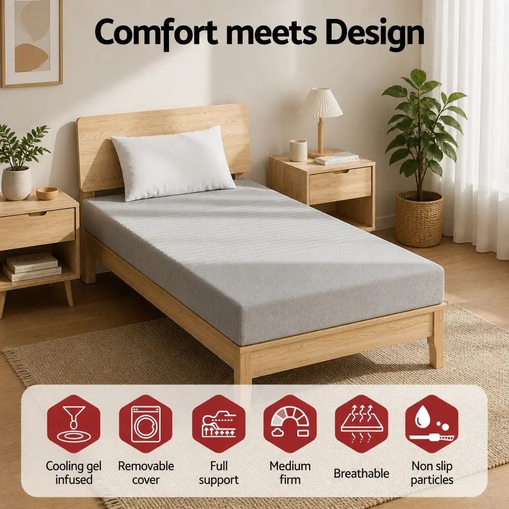 Single Mattress Grey 15cm Memory Foam Cool Gel 7-Zone Support Bamboo Cover