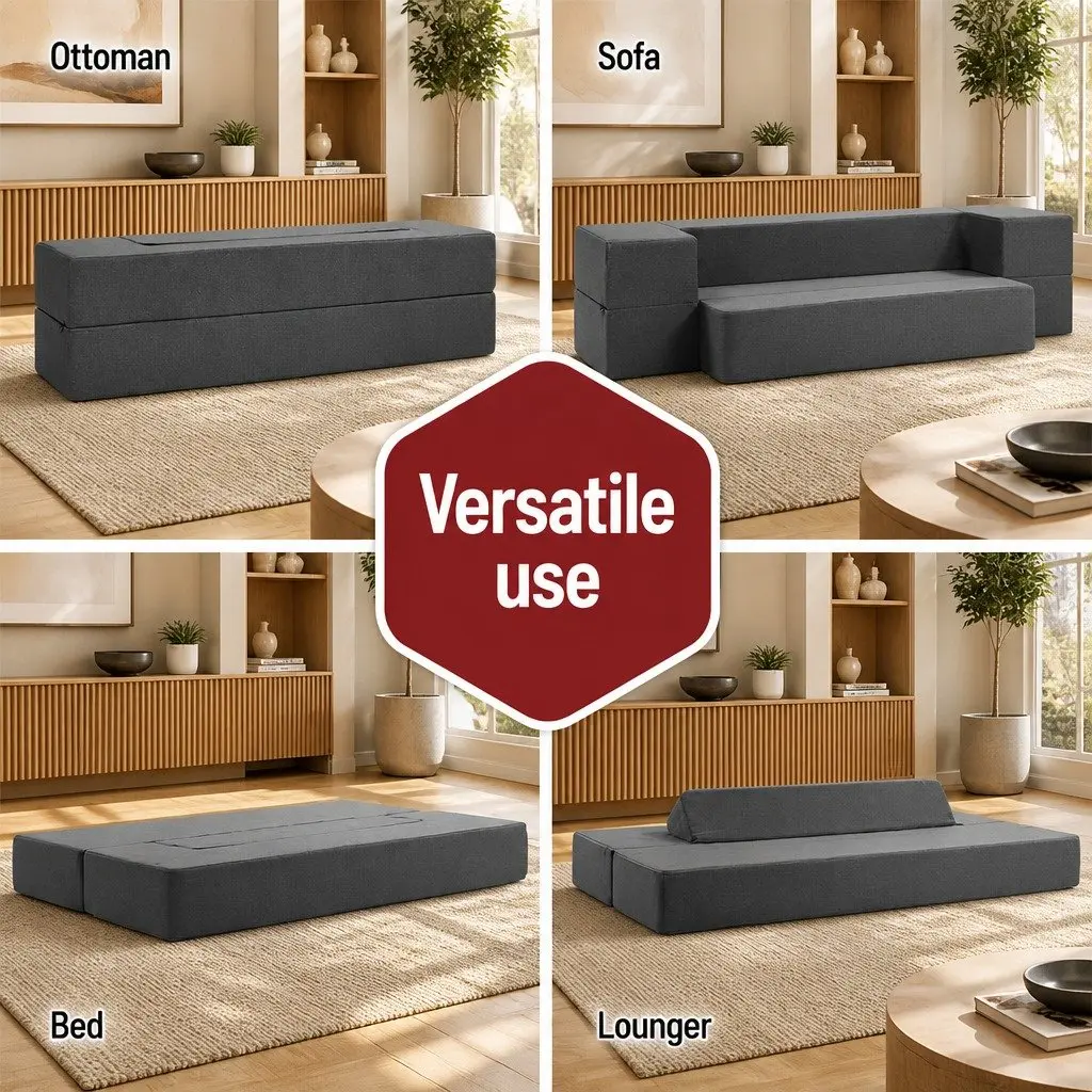 Foldable Foam Mattress Dark Grey 190cm Convertible Sofa Bed Lounger Ottoman