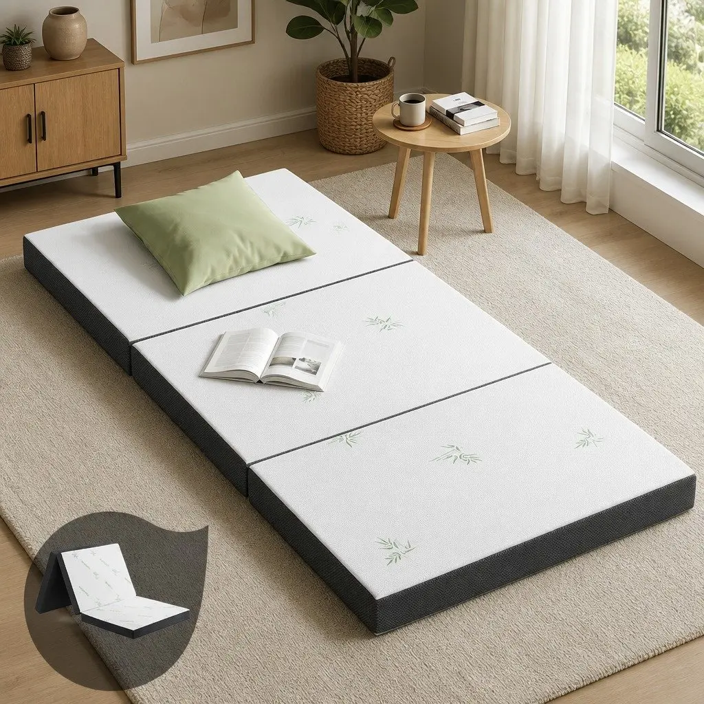 Single Folding Foam Mattress White 190cm Breathable Bamboo Fabric Portable