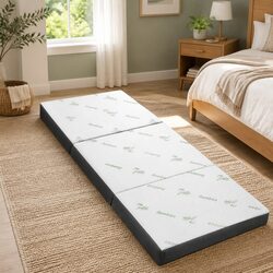 Single Folding Foam Mattress Foldable Bed Chair White Bamboo Fabric Portable