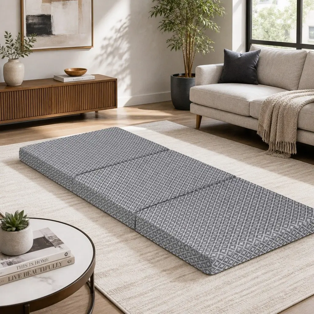 Foldable Memory Foam Mattress Single Trifold Sofa Bed Camping Guest Chair Grey