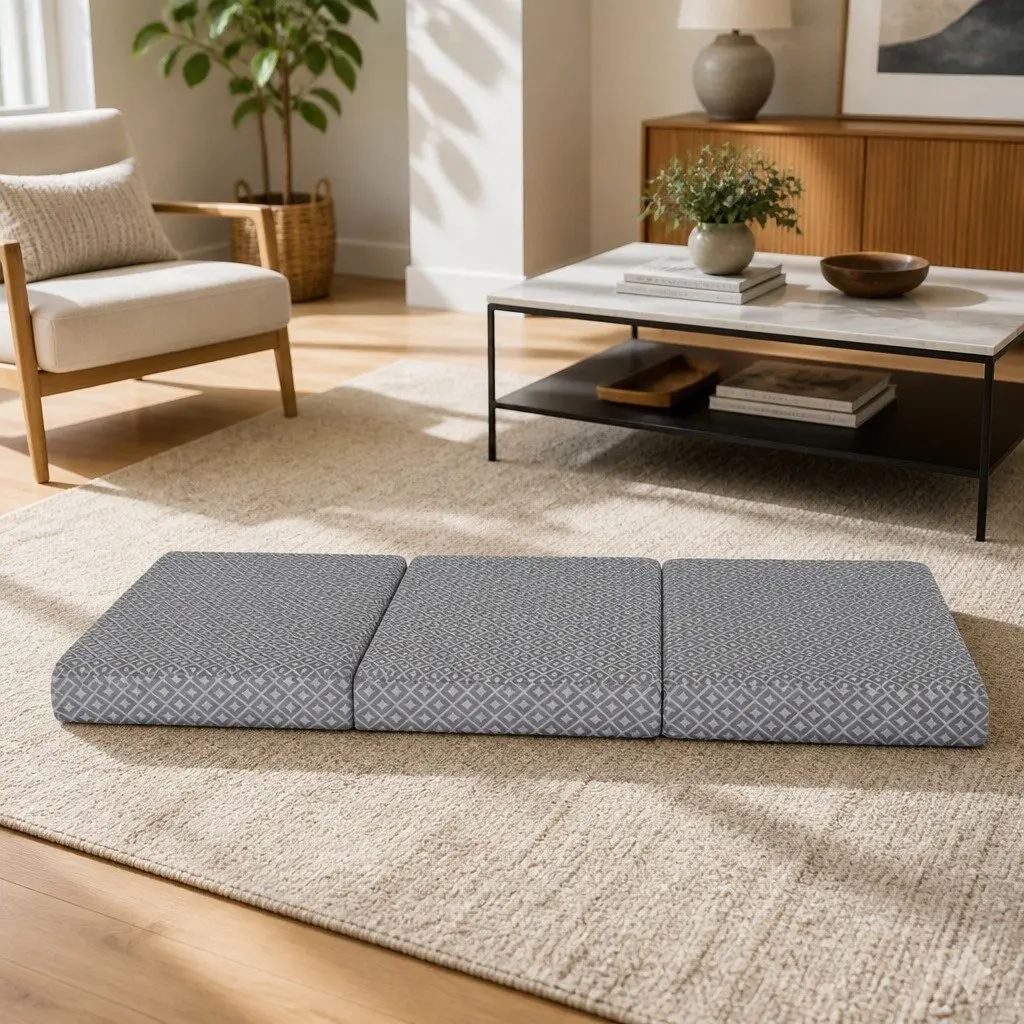 Foldable Memory Foam Mattress Single Trifold Sofa Bed Camping Guest Chair Grey