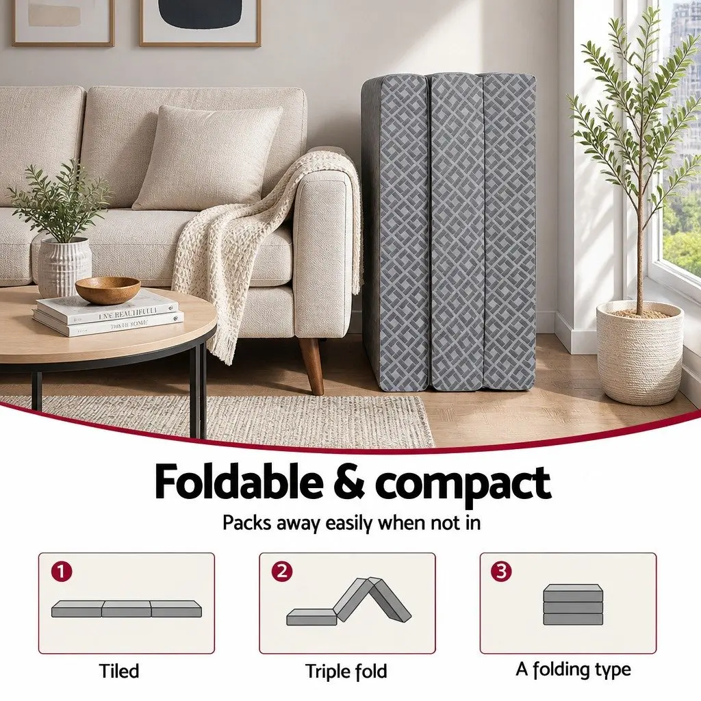 Foldable Memory Foam Mattress Single Trifold Sofa Bed Camping Guest Chair Grey