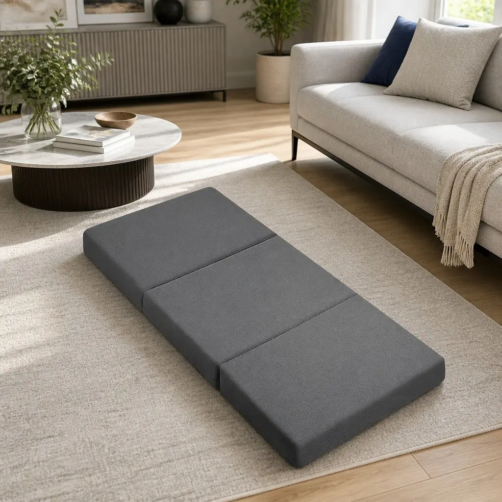Foldable Foam Mattress Grey Single Bed Chair Removable Washable Cover