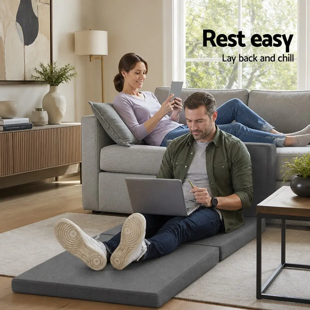 Foldable Foam Mattress Grey Single Bed Chair Removable Washable Cover