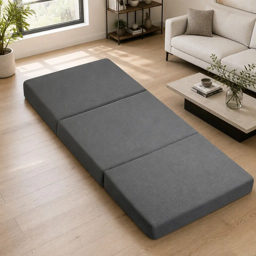 Foldable Foam Mattress Grey Single Bed Chair Removable Washable Cover