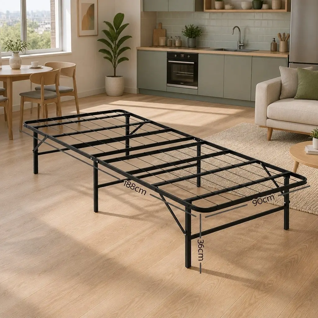 Folding Bed Frame Black Powder Coated Metal Single Size Easy Assembly Under Bed Storage 90cm x 190cm