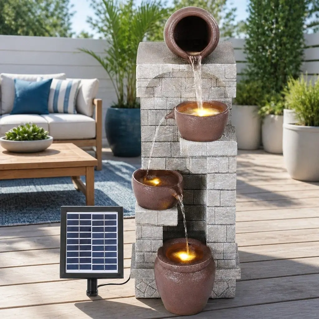 Solar Water Fountain 4-Tier Cascading Outdoor Indoor Feature Brown Polyresin Pot