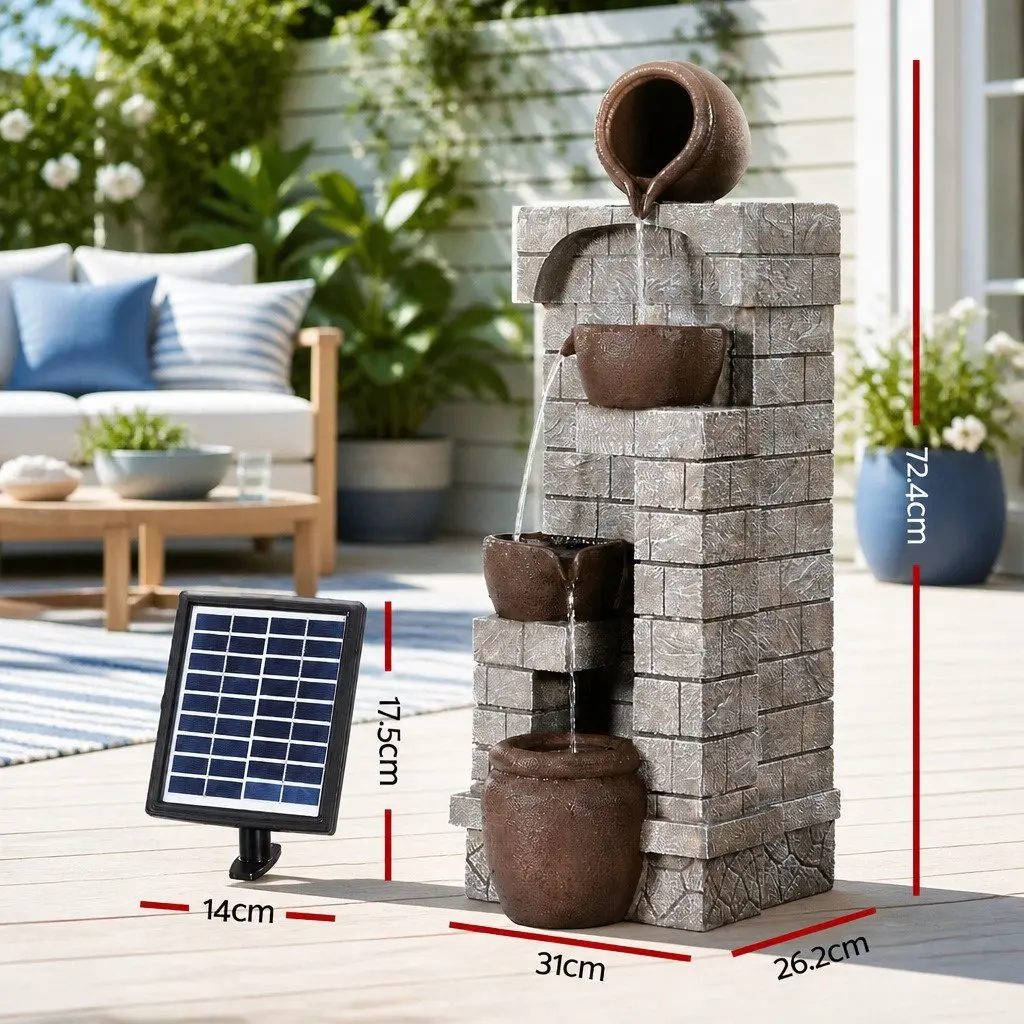 Solar Water Fountain 4-Tier Cascading Outdoor Indoor Feature Brown Polyresin Pot