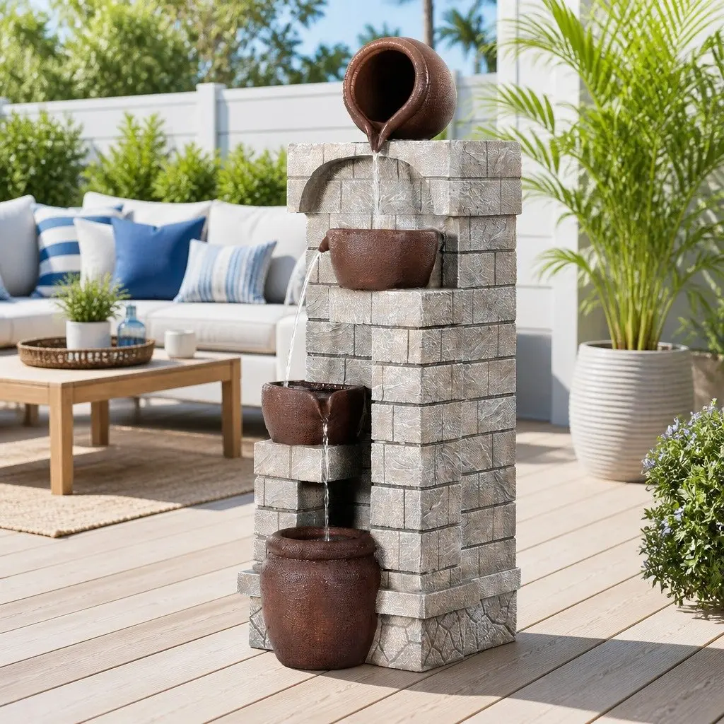 Solar Water Fountain 4-Tier Cascading Outdoor Indoor Feature Brown Polyresin Pot