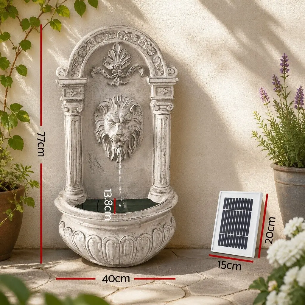 Solar Wall Mount Garden Fountain Lion Cascading Water Feature 77CM Beige Patio