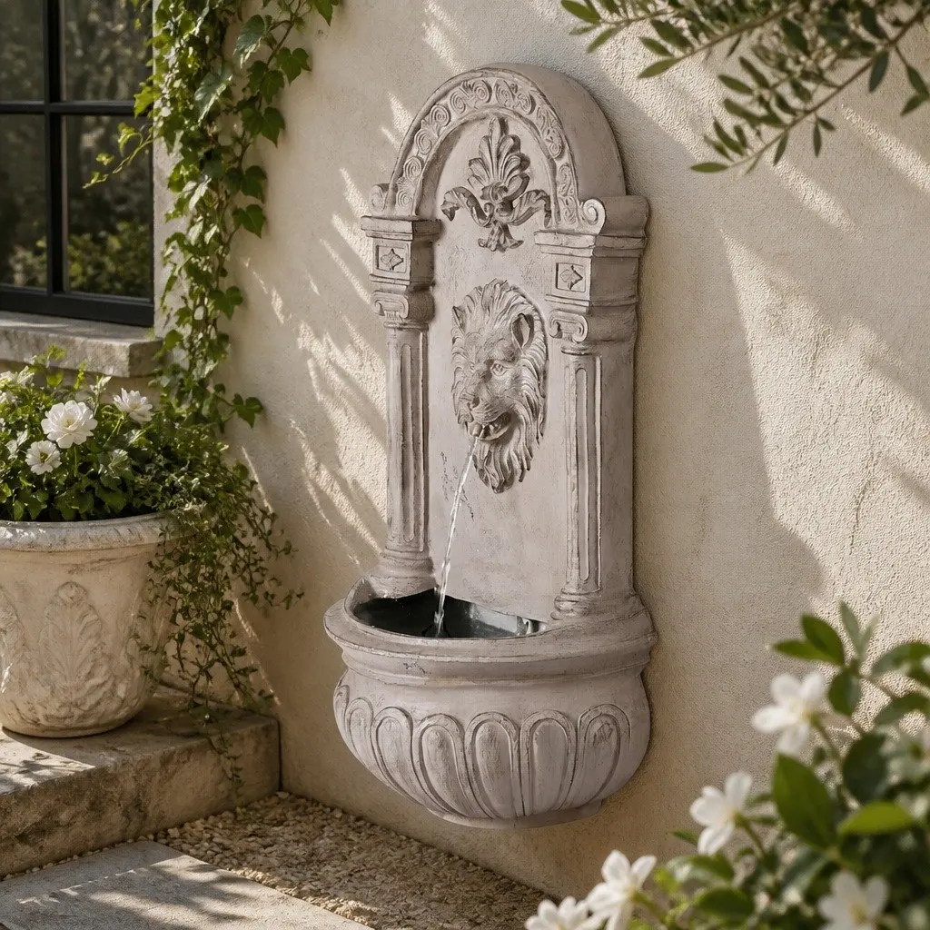 Solar Wall Mount Garden Fountain Lion Cascading Water Feature 77CM Beige Patio